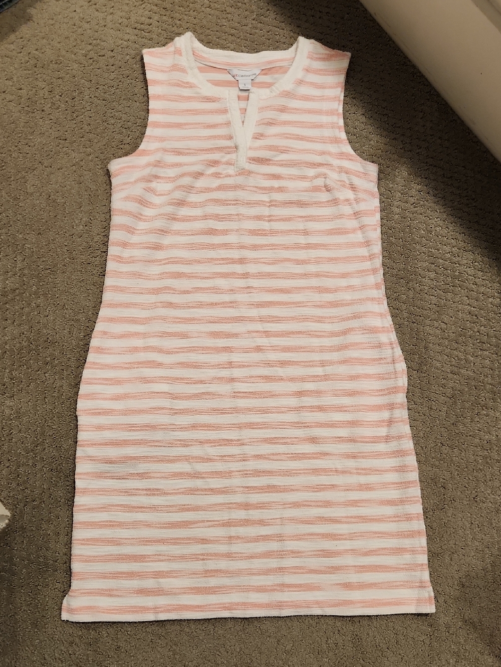 Liz CLAIBORNE Sleeveless Striped Knit Dress in Soft Coral and White Small